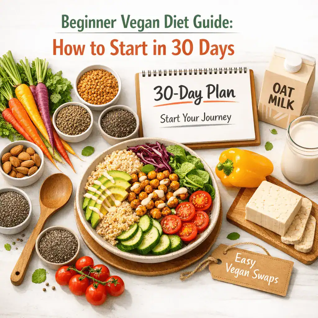 Beginner's Guide to Starting a Vegan Diet with a 30-Day Plan, featuring oat milk and easy food swaps.