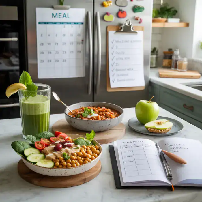 A realistic photo of a complete vegan meal planning system showing a Mediterranean chickpea bowl, green smoothie, lentil curry, and apple snack with a printed calendar, shopping list, and tracker on a kitchen counter.