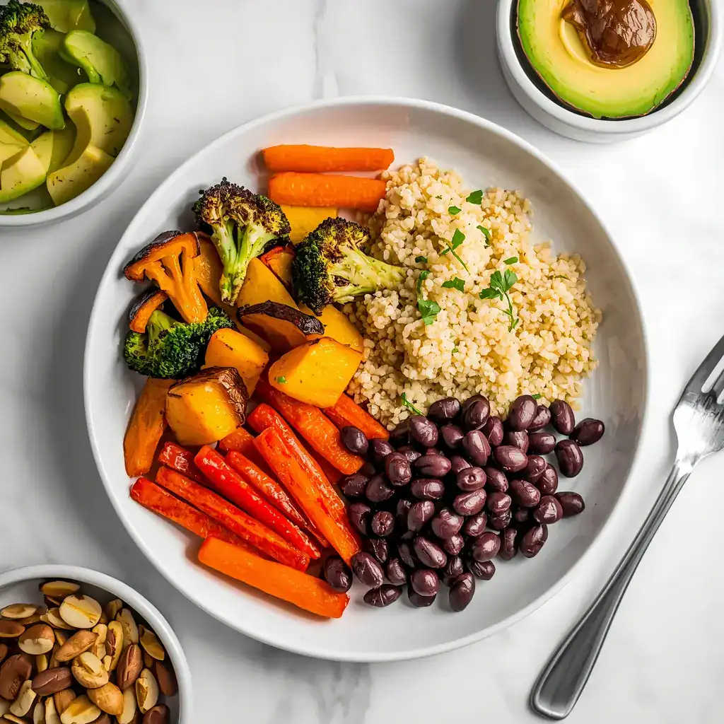 first week vegan day by day guide - visual plate method showing balanced vegan meal with roasted vegetables, quinoa, black beans, avocado and sauce