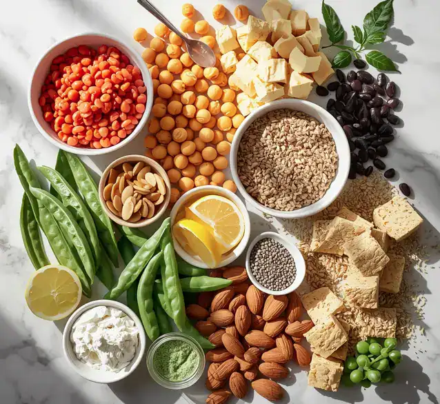 vegan protein sources infographic showing 15 plant-based protein foods including lentils, chickpeas, tofu, tempeh, quinoa, seeds, nuts, and soy products with protein content per serving sizes for vegan diet nutrition