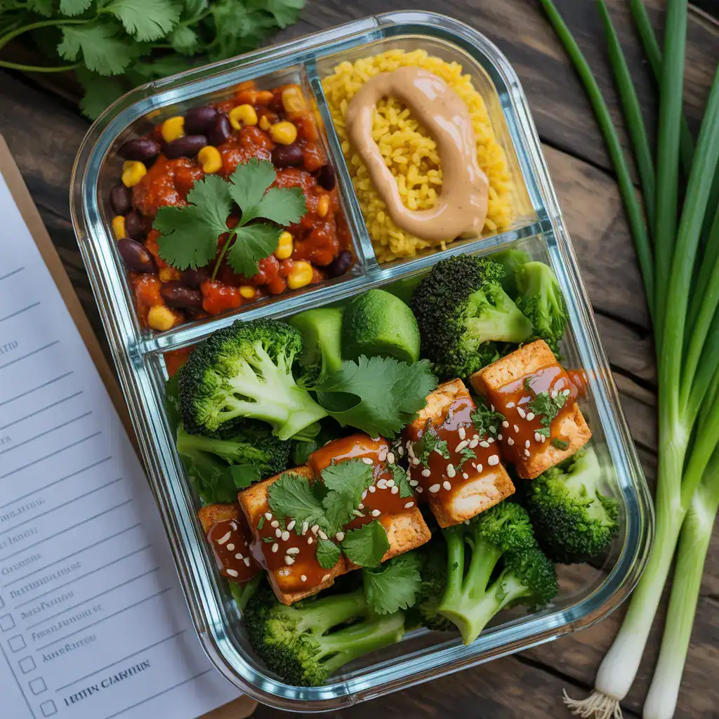A perfectly prepped single meal from a 30 day vegan meal prep plan, featuring turmeric rice, teriyaki tofu, black beans, broccoli, and cashew sauce in a compartmentalized glass container.