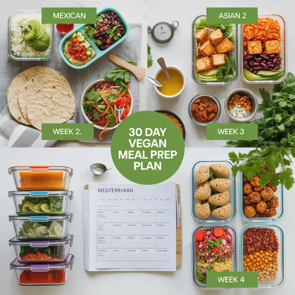 A complete 30 day vegan meal prep plan shown in a flatlay, divided into four weekly themes: Mexican, Asian, Mediterranean, and Fusion, with prepared foods and meal prep containers.