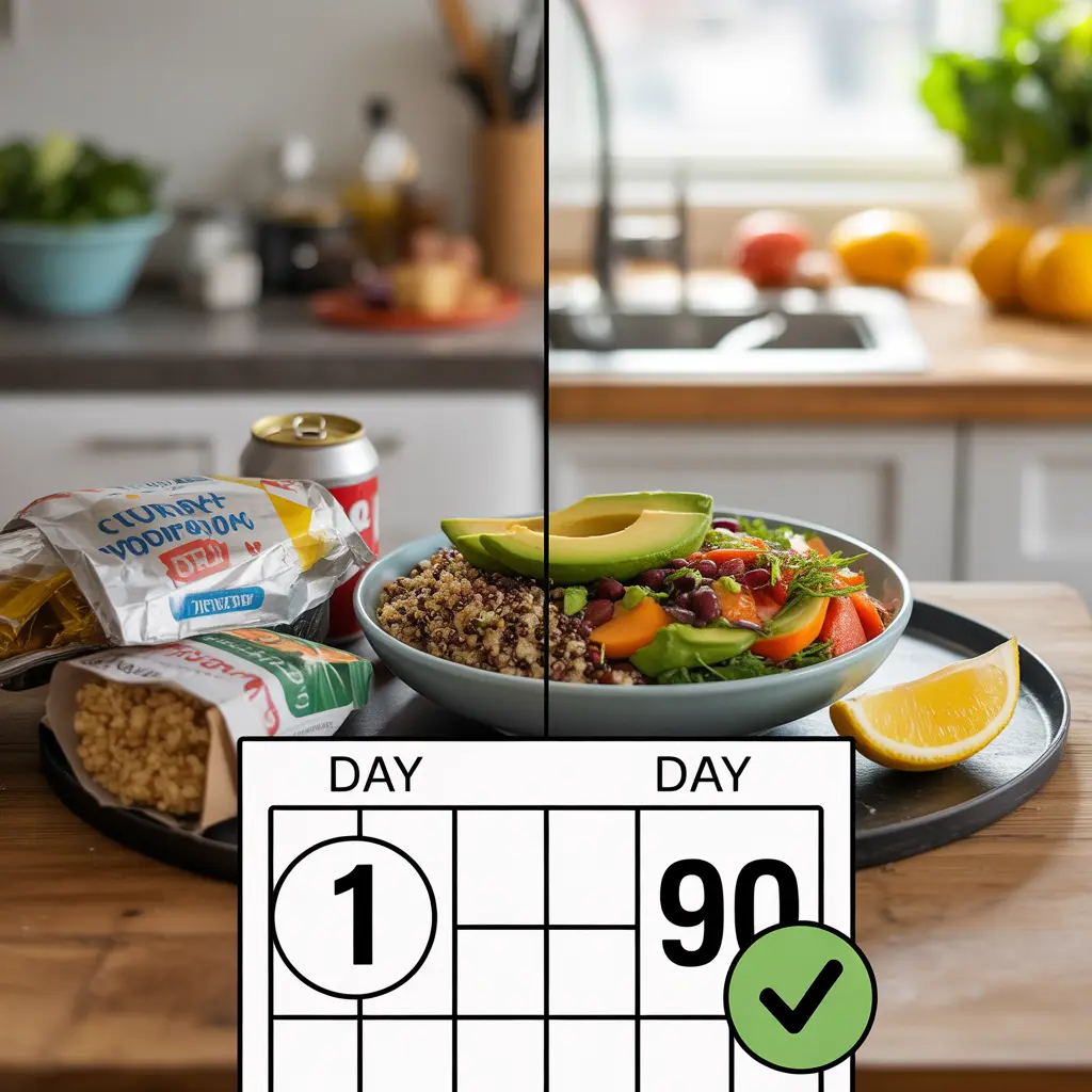 **File Name:** `90-day-vegan-challenge-results-before-after-transformation.jpg` **Alt Text:** `Dramatic visual contrast showing the results of a 90 day vegan challenge, with a processed food "before" on the left and a vibrant, healthy vegan meal "after" on the right.`