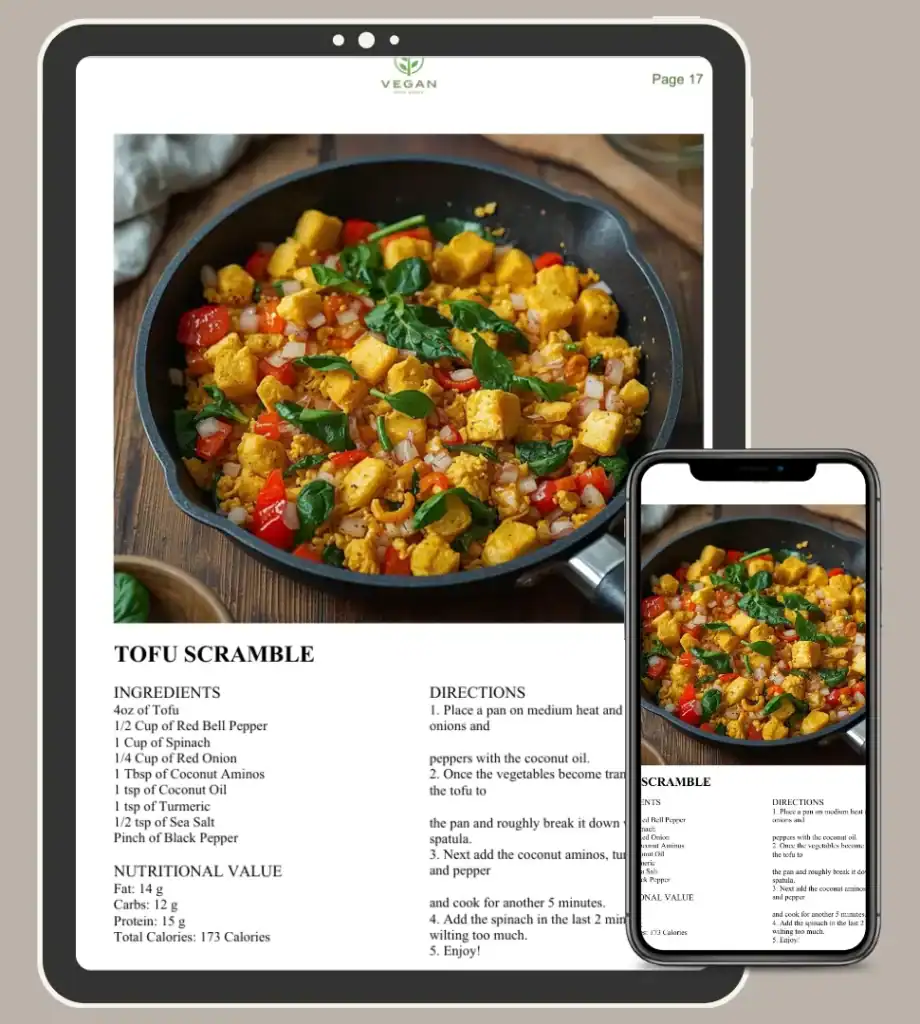 Tofu Scramble 28-day vegan meal plan ebook cover with healthy plant-based recipes