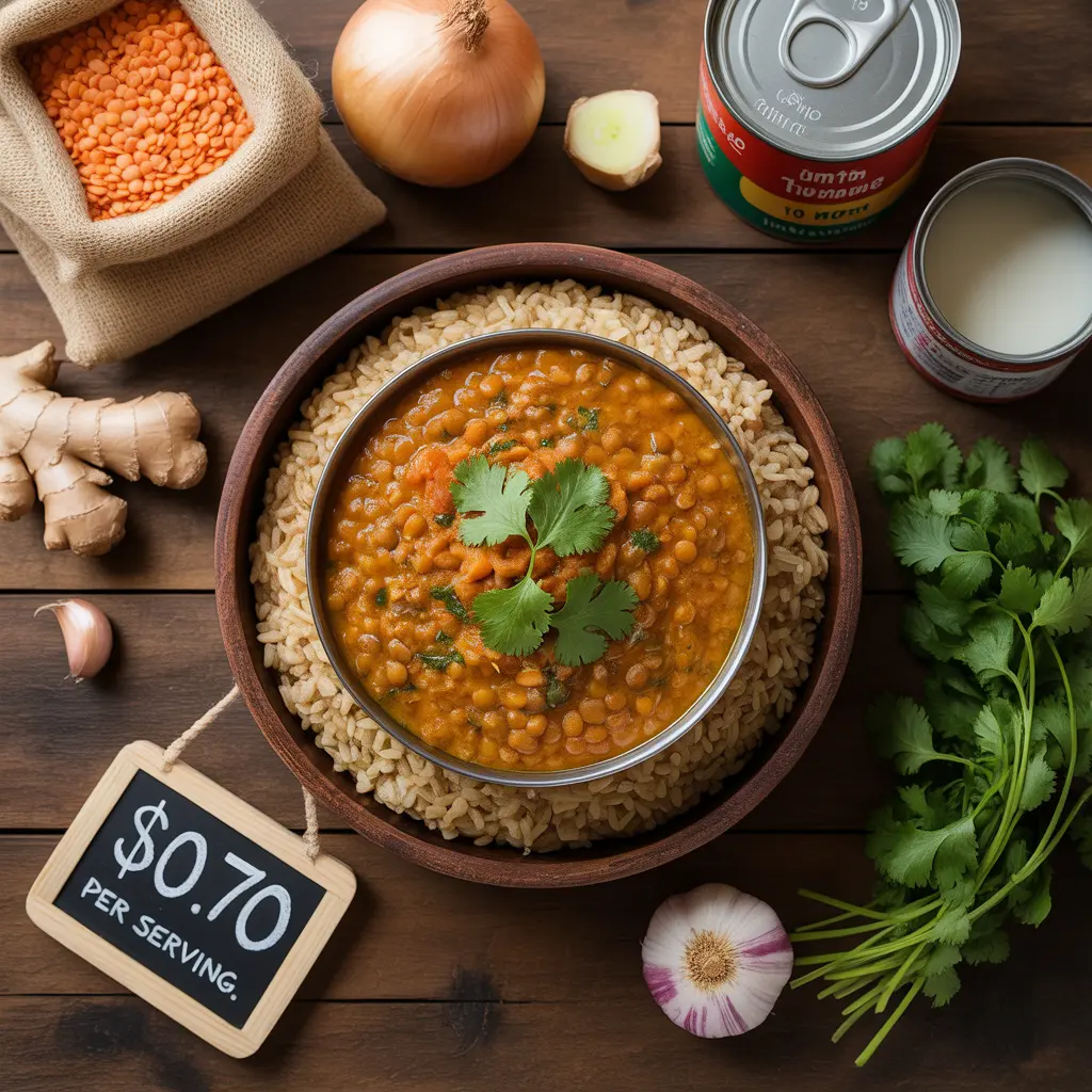 A hearty and colorful bowl of lentil dal with rice, showcasing delicious and cheap vegan meals on a budget made from simple, affordable ingredients.