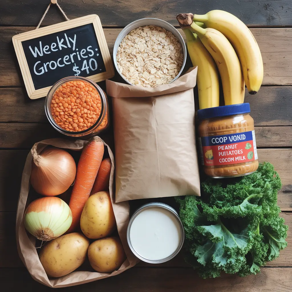 A weekly grocery haul for cheap vegan meals on a budget, featuring affordable staples like lentils, rice, oats, bananas, and vegetables.
