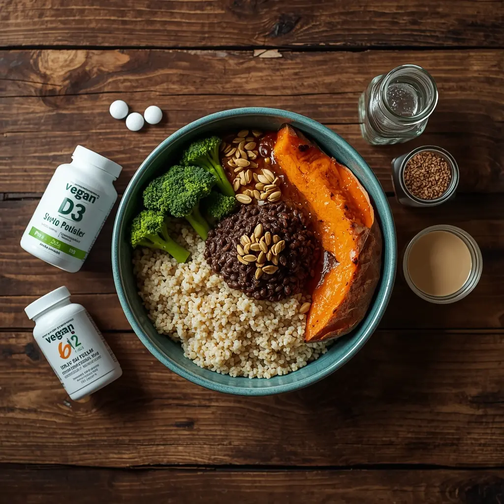 A perfectly balanced vegan meal with supplements, illustrating a complete vegan nutrition guide with quinoa, lentils, sweet potato, and essential vitamins D3 and B12.