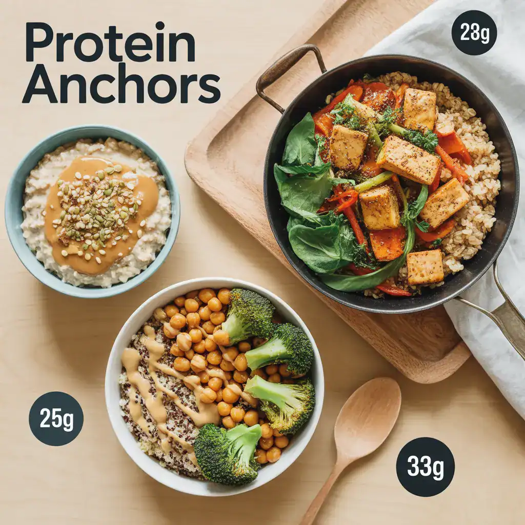 Hand portion guide to get 100g protein vegan easy way, showing palm of tofu, fist of beans, cupped hand of quinoa, and thumb of nuts with protein amounts.