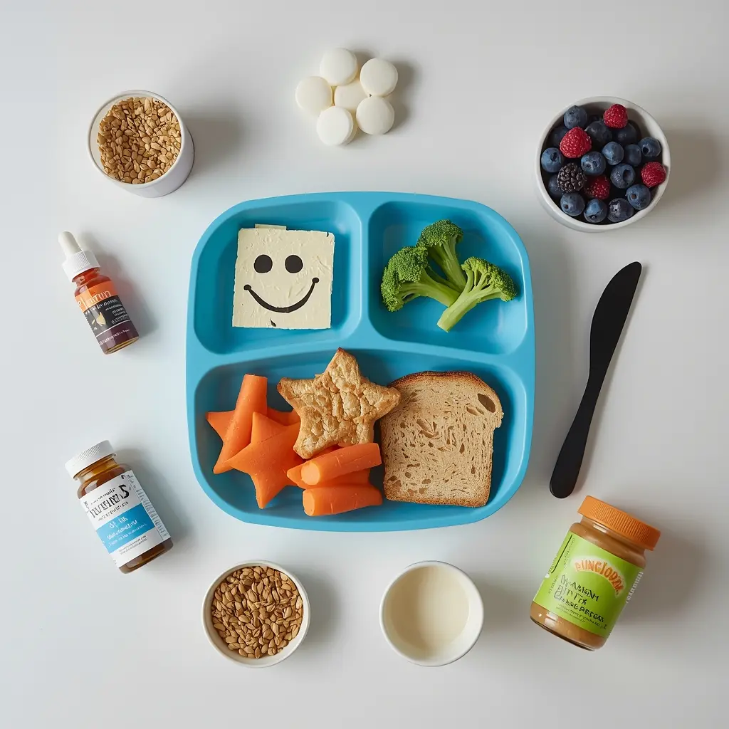 Colorful kids plate with smiley face tofu scramble, star carrots, broccoli trees, and whole grain toast, illustrating a balanced healthy vegan diet for kids with key nutrient foods.