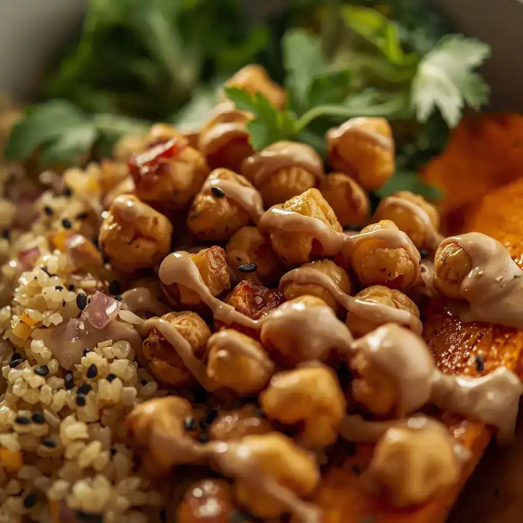 A delicious Buddha bowl recipe to get 100g protein vegan easy way, featuring crispy chickpeas, quinoa, and creamy tahini sauce.