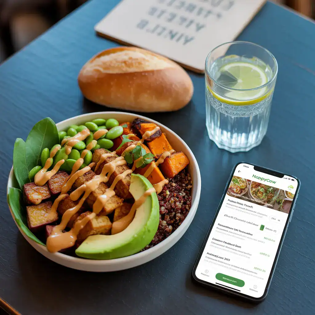 A beautifully plated vegan Buddha bowl at a restaurant, showing how to eat vegan at restaurants with quinoa, tofu, avocado, and the restuarant app visible.