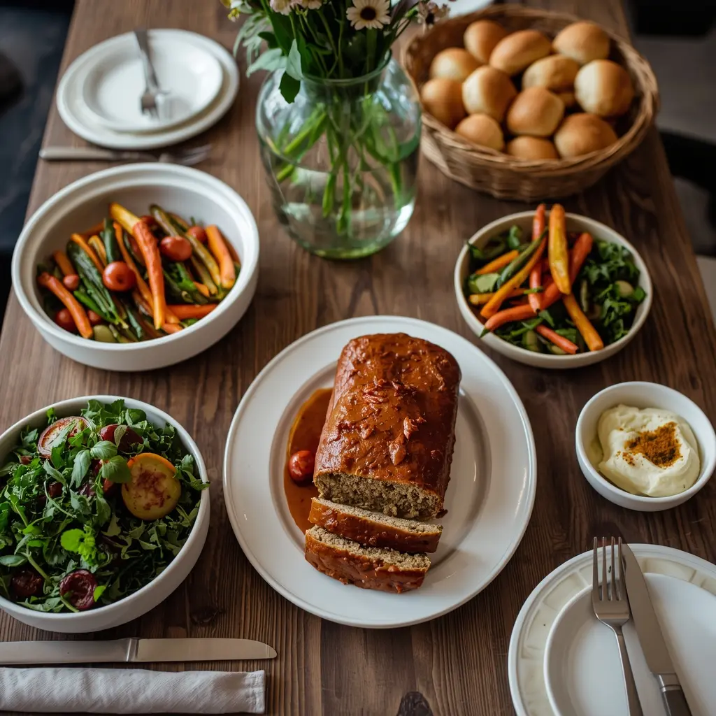 A beautiful, harmonious vegan-friendly family dinner table with lentil loaf, mashed potatoes, and roasted vegetables, showing how to handle social situations as a vegan with grace and delicious food.