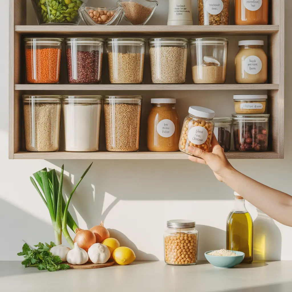 Vegan pantry staples list organized in clear glass jars on wooden shelves, featuring grains, legumes, nuts, and essential cooking ingredients.
