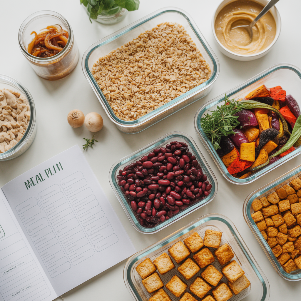 A well-organized collection of vegan batch cooking recipes weekly components: grains, beans, tofu, roasted vegetables, and sauces, prepped and ready for easy meals.