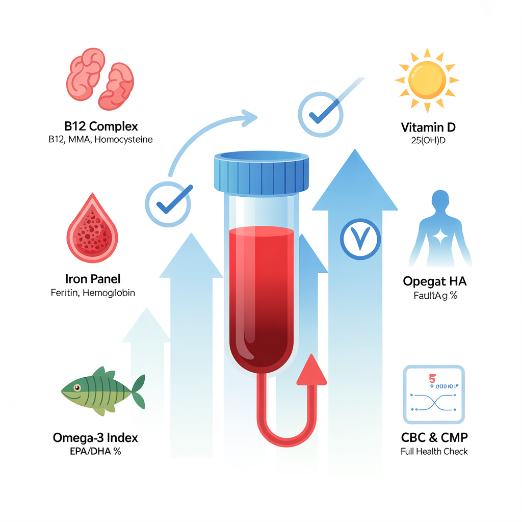 A vegan blood test what to check infographic listing essential markers: B12, Iron, Vitamin D, Omega-3 Index, and full metabolic panels.