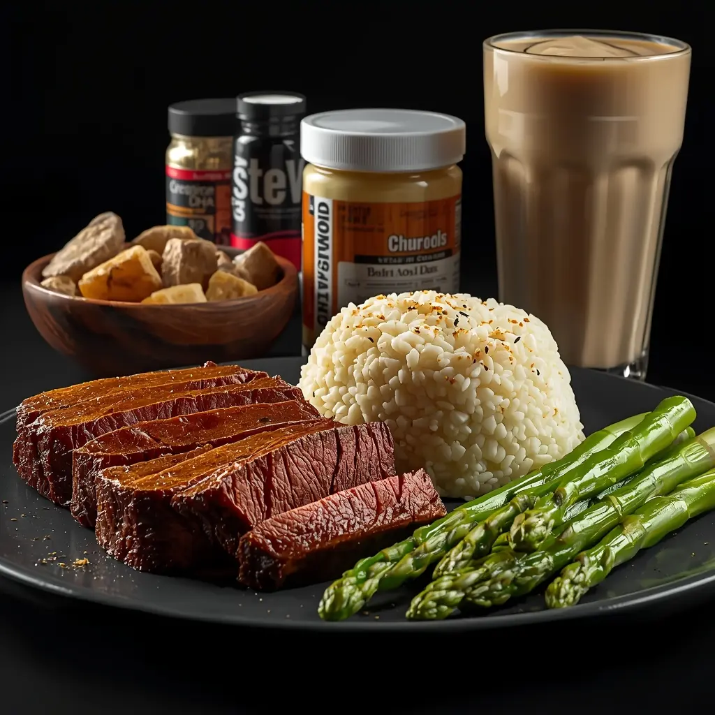 High-protein vegan bodybuilding meal plan plate with seitan steak, rice, quinoa, and asparagus, next to a protein shake and essential supplements.