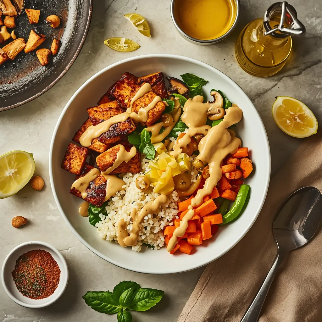 A delicious vegan bowl demonstrating key vegan cooking techniques tips: crispy tofu, roasted vegetables, fluffy quinoa, and a creamy emulsified sauce.
