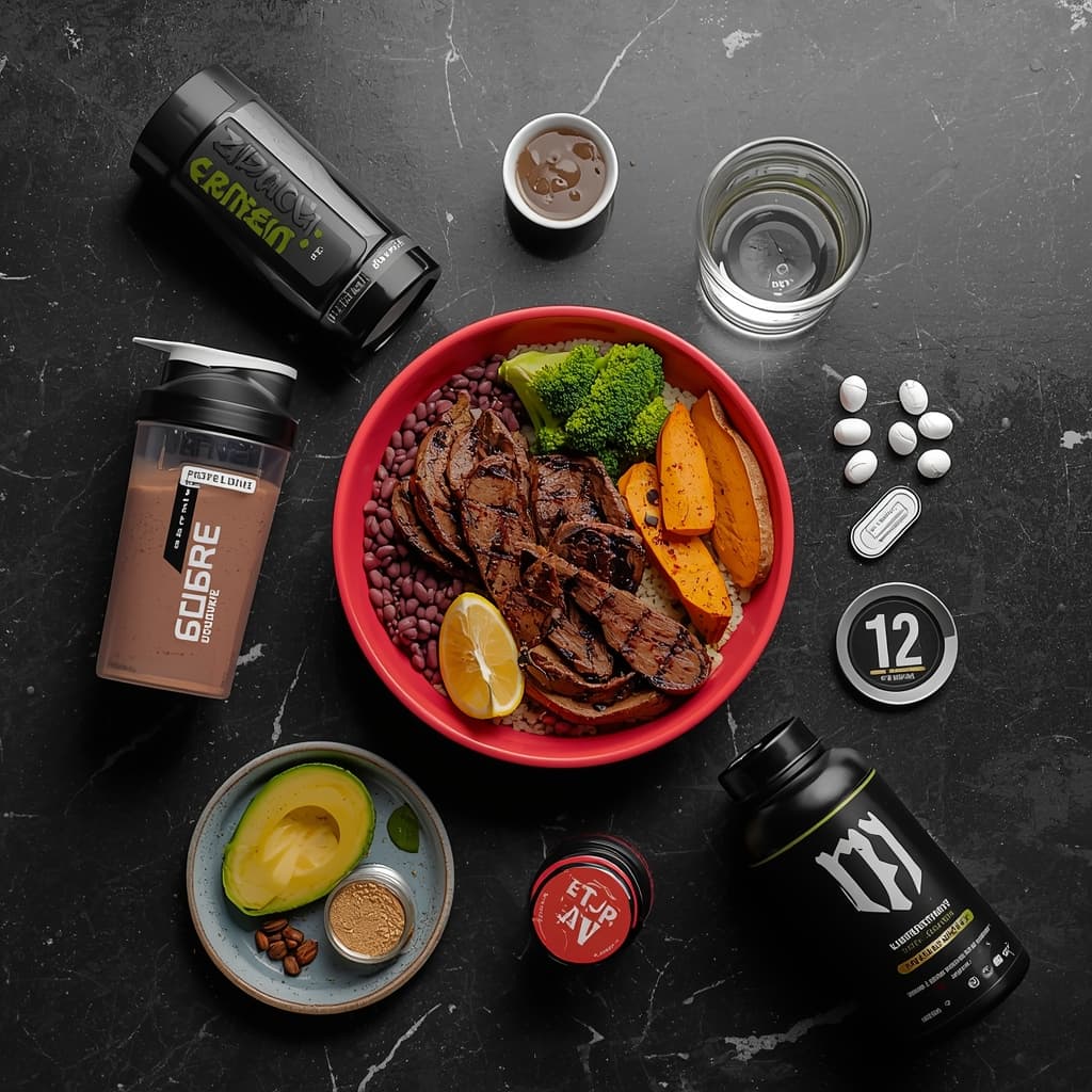 A powerful vegan diet for athletes performance with seitan, quinoa, black beans, and supplements like creatine and B12, designed to maximize strength and recovery.