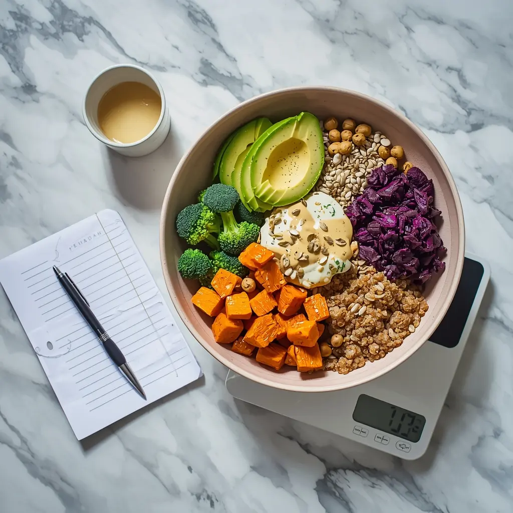 A balanced vegan weight loss meal plan bowl vegan diet weight loss plan, next to a food scale and notebook for tracking.