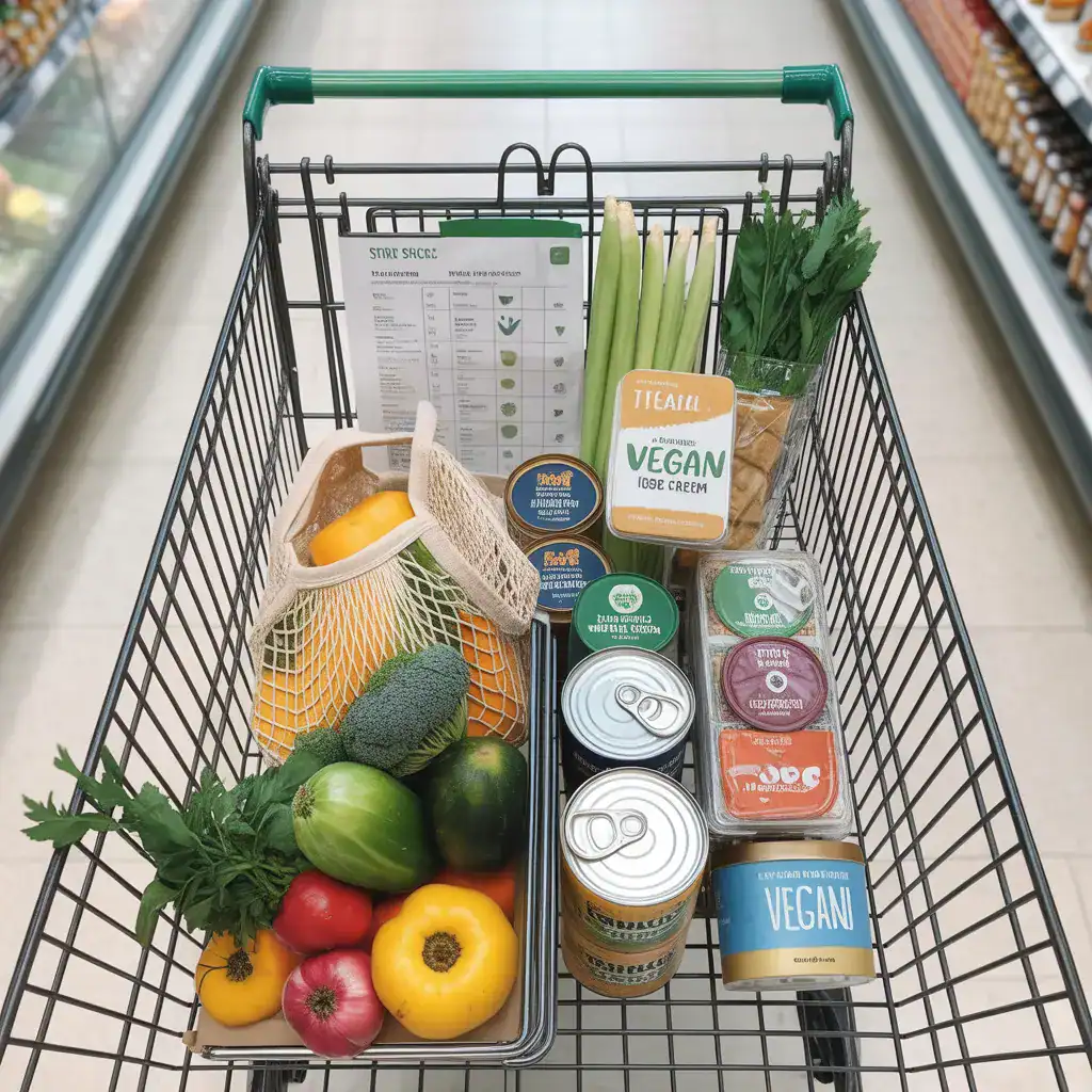 An efficiently organized vegan grocery cart showing a strategic store layout shop, with produce, pantry items, and frozen goods sorted into clear sections for faster shopping.