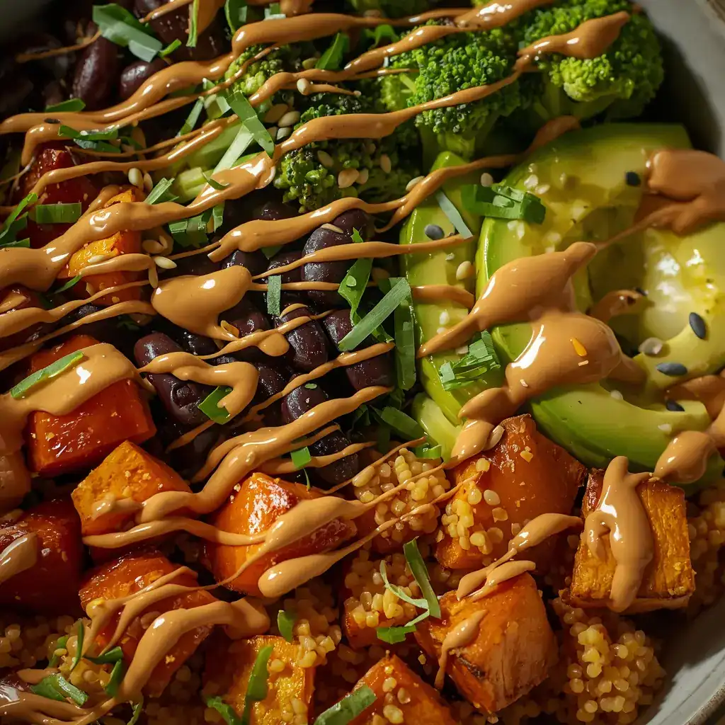 A delicious, colorful vegan Buddha bowl made with essential kitchen tools on a budget, featuring turmeric quinoa, roasted sweet potato, broccoli, black beans, avocado, and tahini sauce.