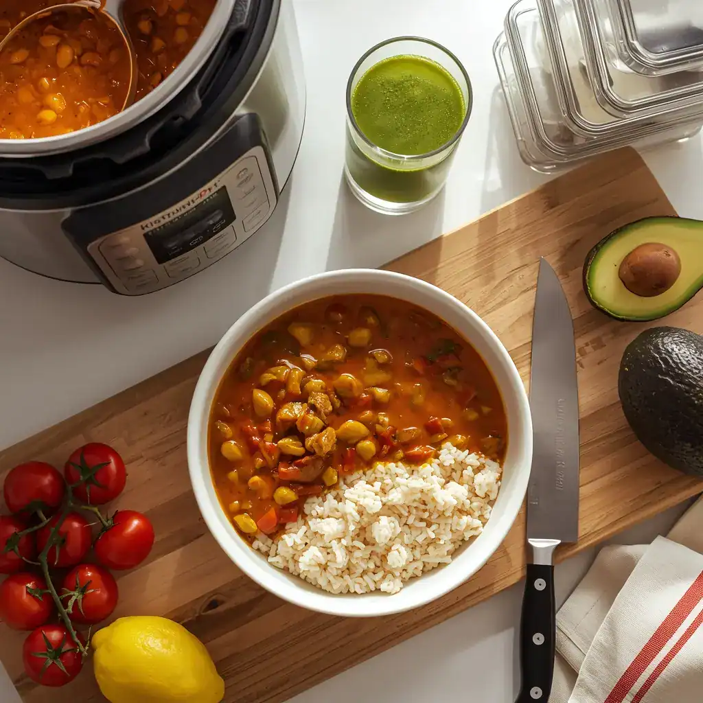 A delicious and colorful vegan meal example made with essential budget kitchen tools: lentil curry from an Instant Pot, a green smoothie from a blender, and fresh vegetables prepped with a sharp knife.