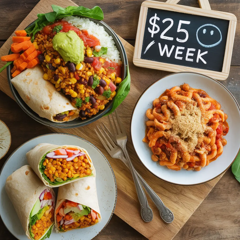 Delicious vegan meals from a $25 meal plan per week, including a burrito bowl, chickpea pasta, and a lentil wrap, showing budget-friendly abundance and flavor.