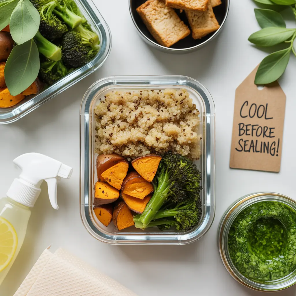 **File Name:** `vegan-meal-prep-stays-fresh-tasty-storage-system.jpg` **Alt Text:** `A complete vegan meal prep freshness system showing how vegan meal prep stays fresh tasty with glass containers, separate components, and moisture-control tools. vegan meal prep that stays fresh taste, Vegan meal prep that stays fresh tasty