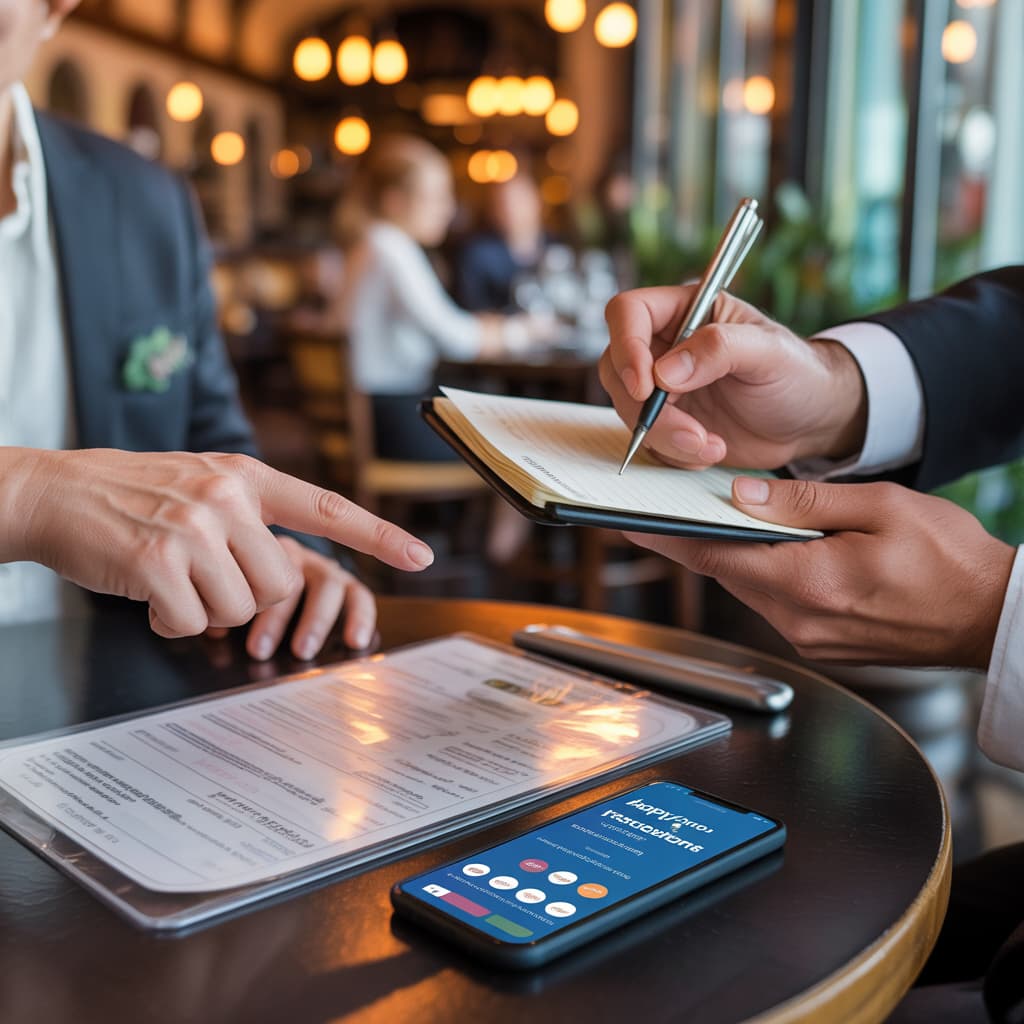 A diner communicates with a waiter at a restaurant, using a menu, translation card, and smartphone app to find vegan options at restaurants.