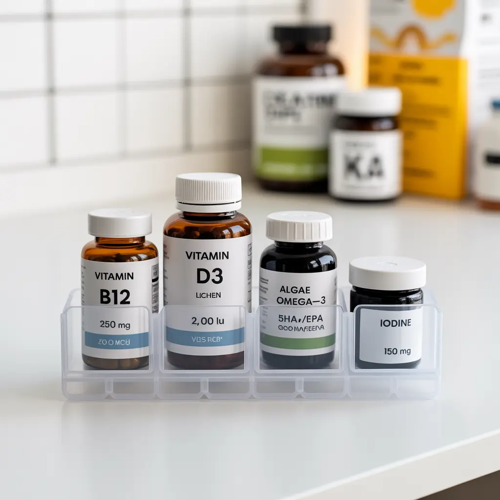 A clear weekly pill organizer showing the essential vegan supplements what to take: B12, Vitamin D3, Omega-3, and Iodine.