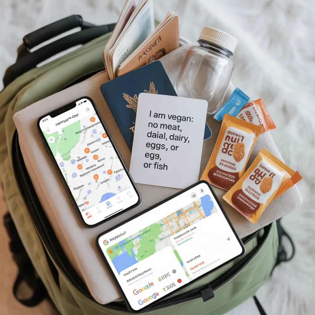 Organized vegan travel preparation kit featuring the HappyCow app on a smartphone, a printed dietary translation card, a passport, and emergency vegan snacks. vegan travel tips international