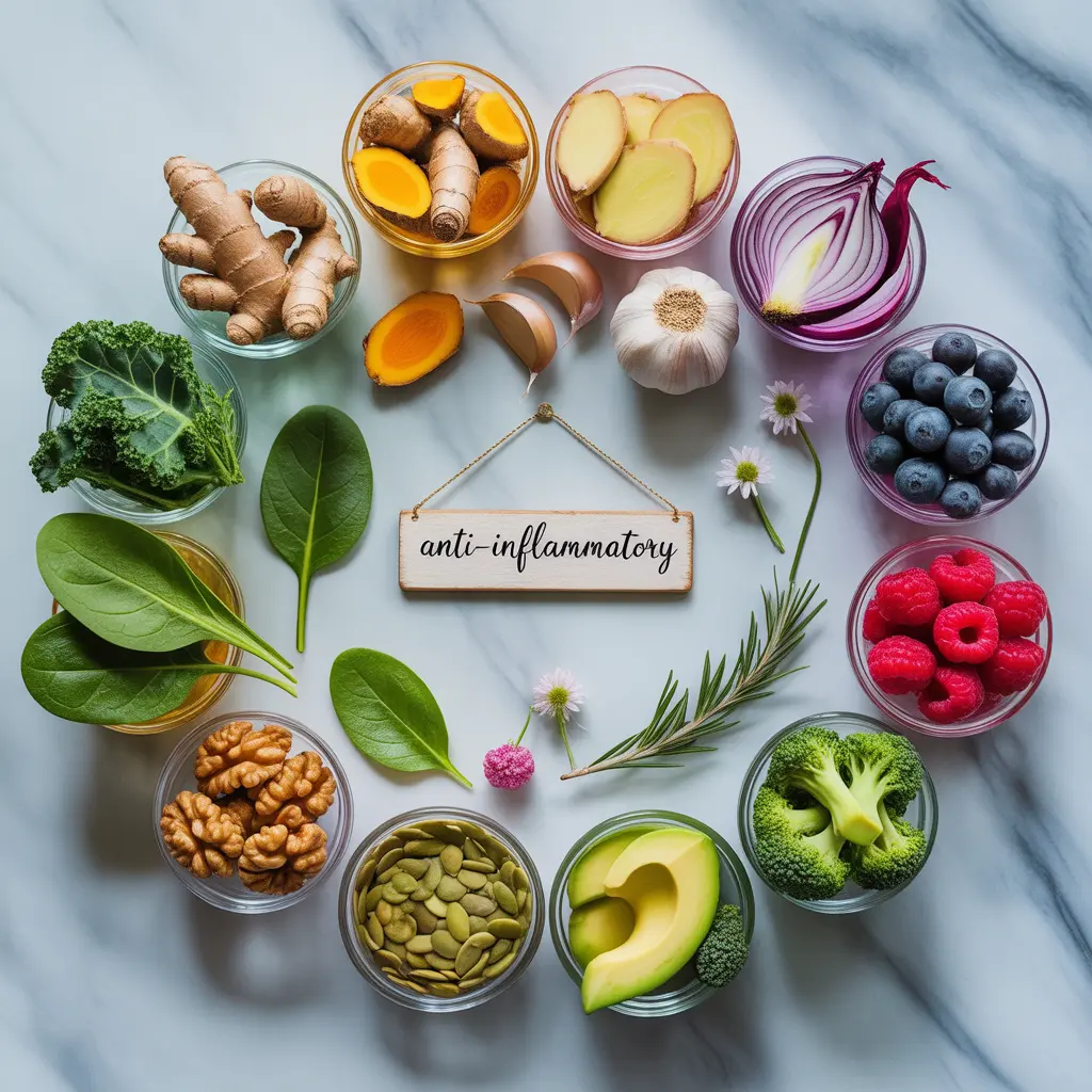 "Stunning marble flat lay with twelve glass bowls of turmeric, ginger, garlic, onion, blueberries, raspberries, kale, spinach, walnuts, pumpkin seeds, avocado, broccoli arranged in circle with Anti-Inflammatory sign for anti inflammatory vegan diet."
