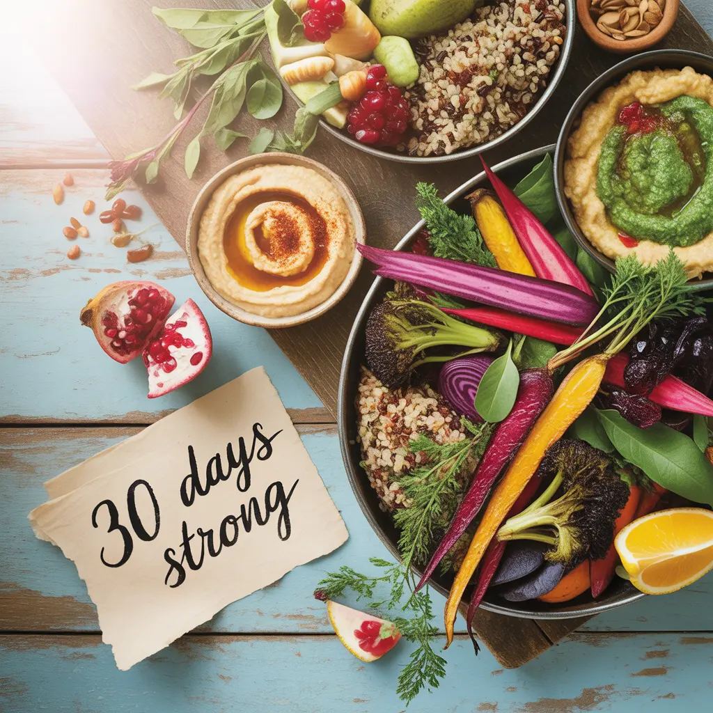 30-day-vegan-meal-prep-plant-based-nutrition-plan Bright square overhead photo of vibrant 30-day plant-based meal prep — rainbow roasted vegetables, quinoa bowls, hummus, berries, and nuts on reclaimed wood with handwritten '30 Days Strong' watercolor tag, natural daylight, appealing vegan nutrition editorial photography