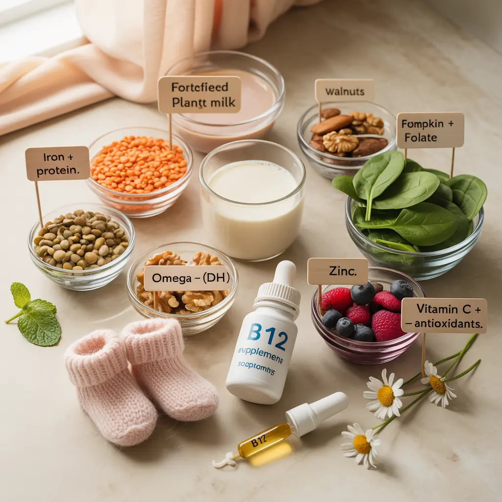 6-critical-nutrients-vegan-pregnancy-guide "Educational flat lay with six glass bowls of lentils, plant milk, walnuts, spinach, pumpkin seeds, berries with nutrient tags Iron+Protein, Calcium+D, Omega-3, Folate, Zinc, Vitamin C and B12 supplement representing vegan pregnancy nutrition."