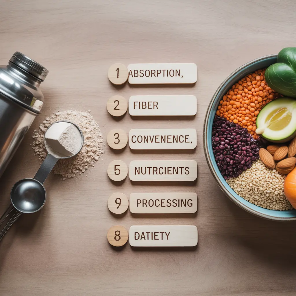 8-differences-vegan-protein-powder-vs-whole-food "Flat lay with eight wooden tags showing absorption, fiber, cost, convenience, nutrients, processing, satiety, digestion surrounded by shaker bottle and whole foods comparing vegan protein powder vs whole food protein."