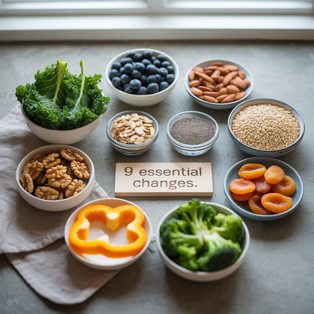 "Circular flat lay of nine small bowls with kale, blueberries, almonds, quinoa, chia seeds, walnuts, bell pepper, broccoli, and apricots representing essential nutritional changes for a vegan diet for over 50.