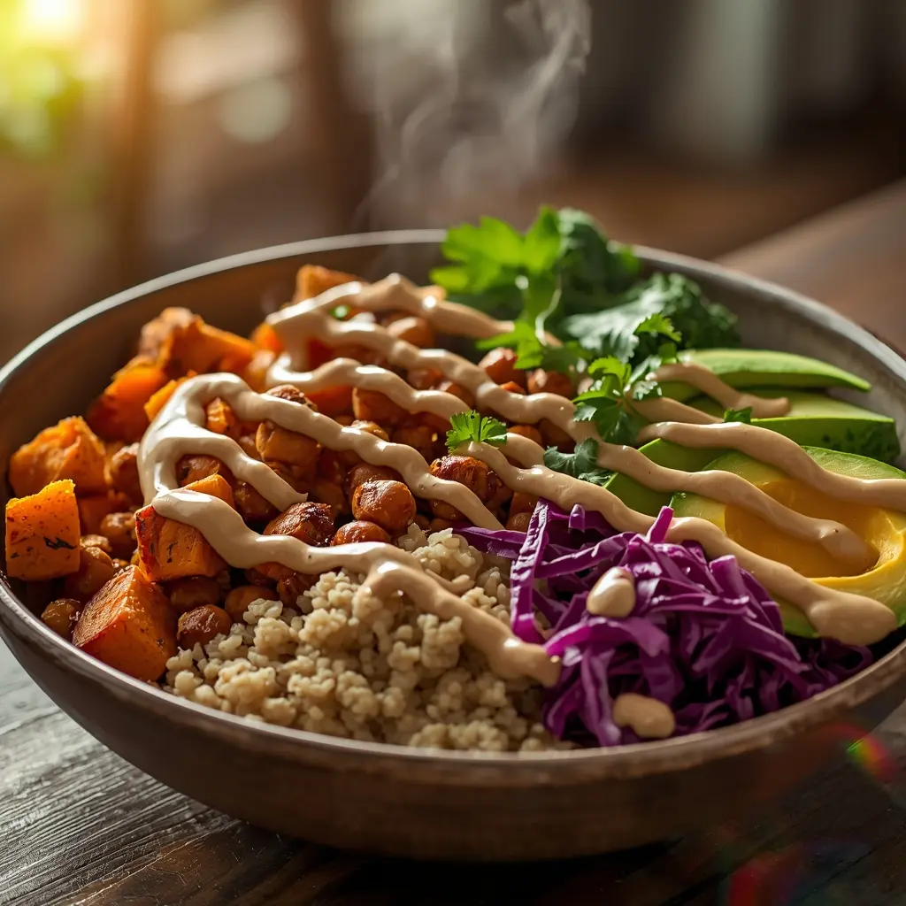 appealing vegan dish - colorful Buddha bowl with quinoa roasted sweet potato chickpeas avocado broccoli and tahini sauce on rustic plate