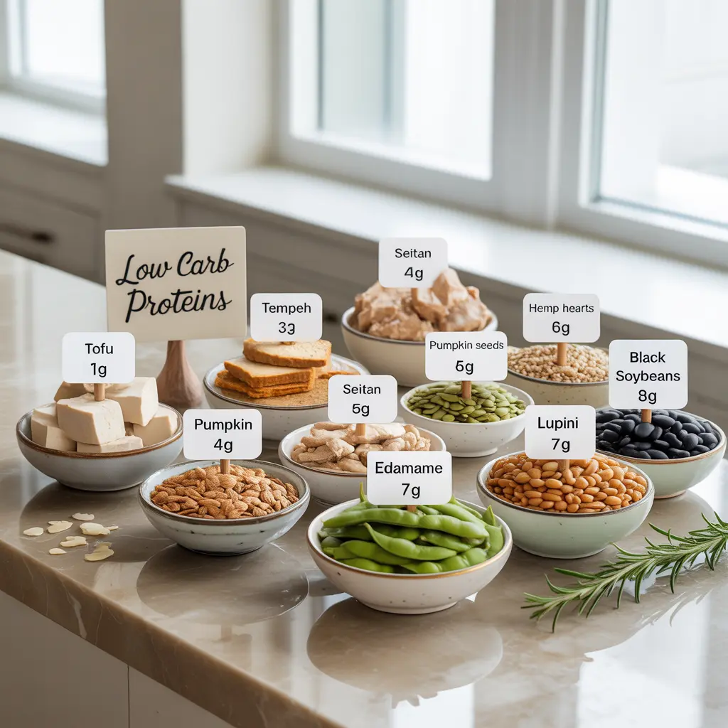 best-low-carb-vegan-proteins-low-carb-vegan-meal-plan "Sophisticated marble flat lay with eight white bowls of tofu, tempeh, seitan, pumpkin seeds, hemp hearts, edamame, lupini, black soybeans with net carb tags and Low Carb Proteins sign representing low carb vegan meal plan protein sources."