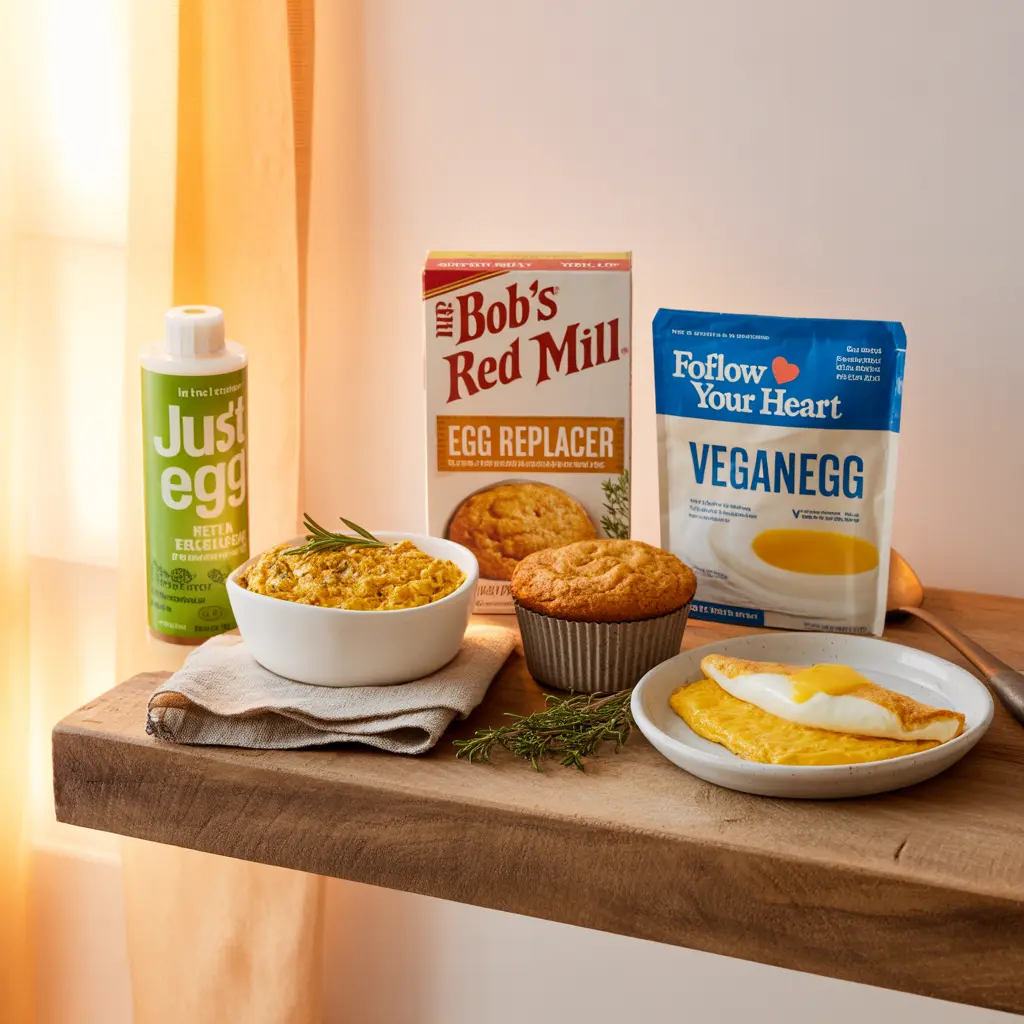 best vegan egg substitute baking cooking commercial products including JUST Egg bottle, Bob's Red Mill egg replacer box, and Follow Your Heart VeganEgg packet arranged on a kitchen shelf with fresh herbs and ceramic bowls.