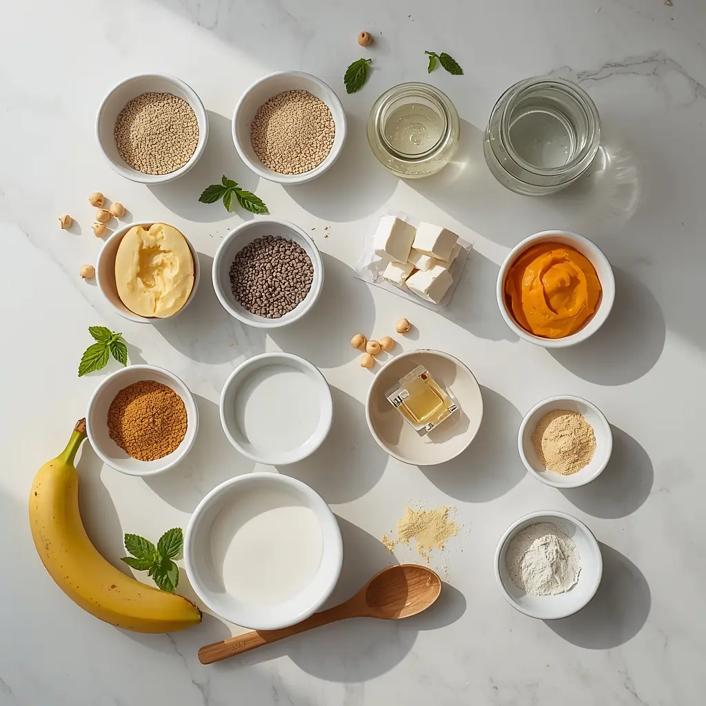 best vegan egg substitute baking cooking flat lay featuring twelve ingredients including flaxseed, chia seeds, aquafaba in a glass jar, applesauce, mashed banana, silken tofu, pumpkin puree, plant-based yogurt, baking soda and vinegar, chickpea flour, commercial egg replacer powder, and arrowroot arranged on a white marble surface with a wooden spoon and fresh mint sprigs.