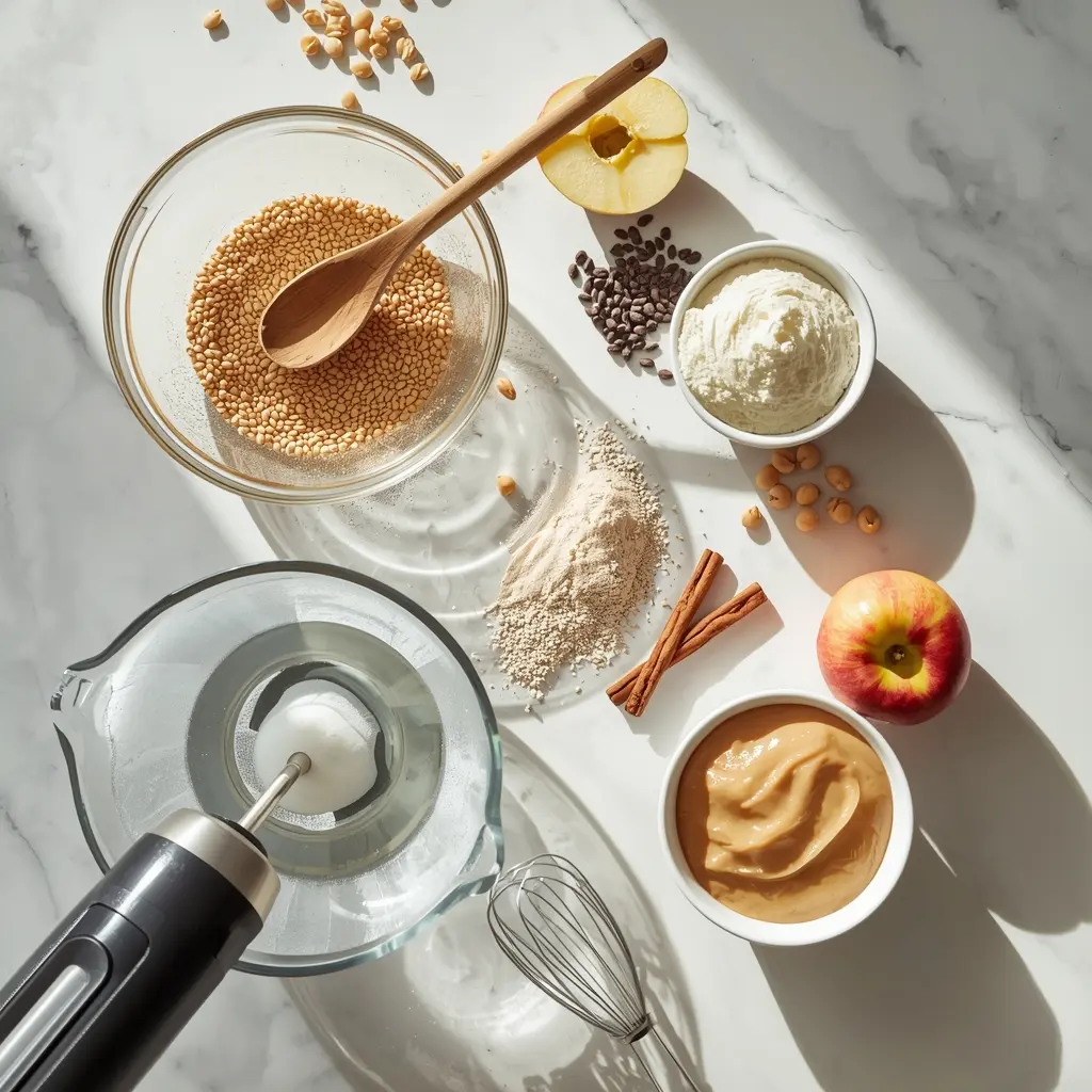 best vegan egg substitute baking cooking ingredients close-up featuring flaxseed mixture in a glass bowl, chia seed gel, aquafaba being whipped to foam, and fresh applesauce with whole apples on a marble surface surrounded by baking ingredients.
