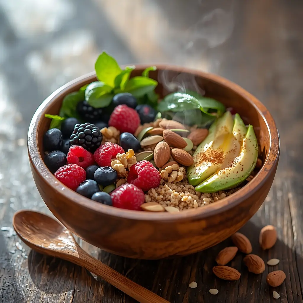 "Appetizing bowl of blueberries, raspberries, avocado, walnuts, pumpkin seeds, quinoa, spinach, and cinnamon representing delicious blood sugar friendly foods for vegan diet for type 2 diabetes."vegan diet for type 2 diabetes

