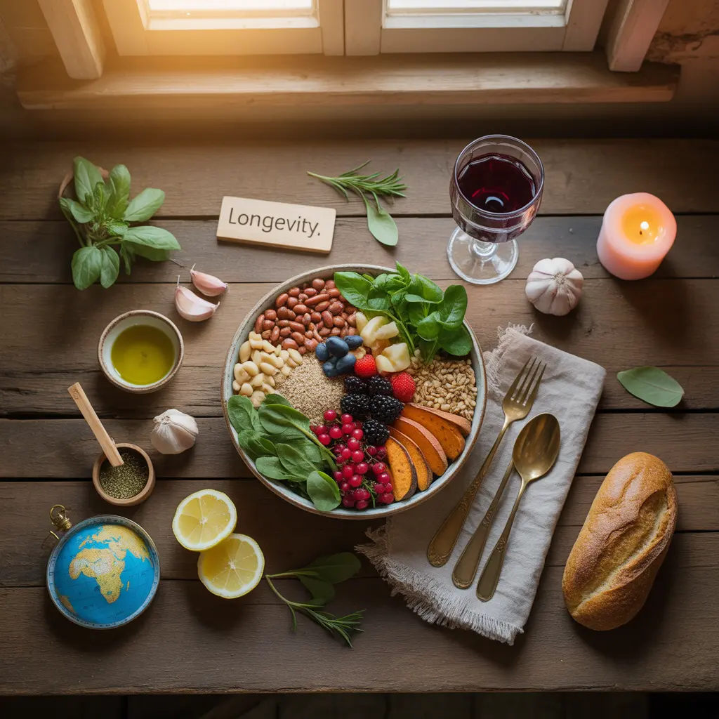 blue-zones-vegan-longevity-foods-guide-featured "Warm flat lay with bowl of beans, greens, sweet potatoes, grains, nuts, berries surrounded by olive oil, garlic, herbs, lemon, bread, wine, compass, and Longevity sign representing Blue Zones vegan lifestyle."
