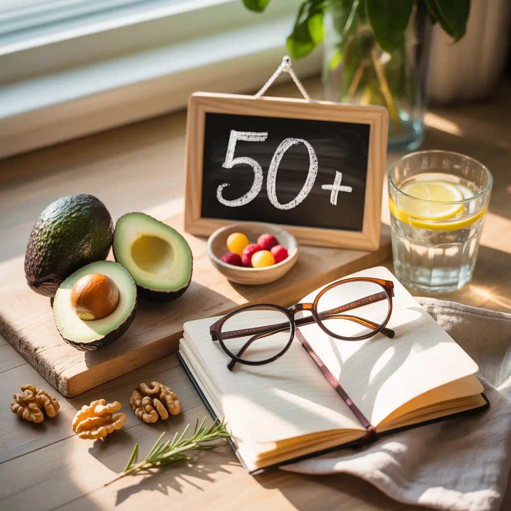 "Warm flat lay celebrating the vegan diet for over 50 with avocado, walnuts, berries, reading glasses, open journal, and a 50+ chalkboard on a wooden surface representing body changes and healthy aging."