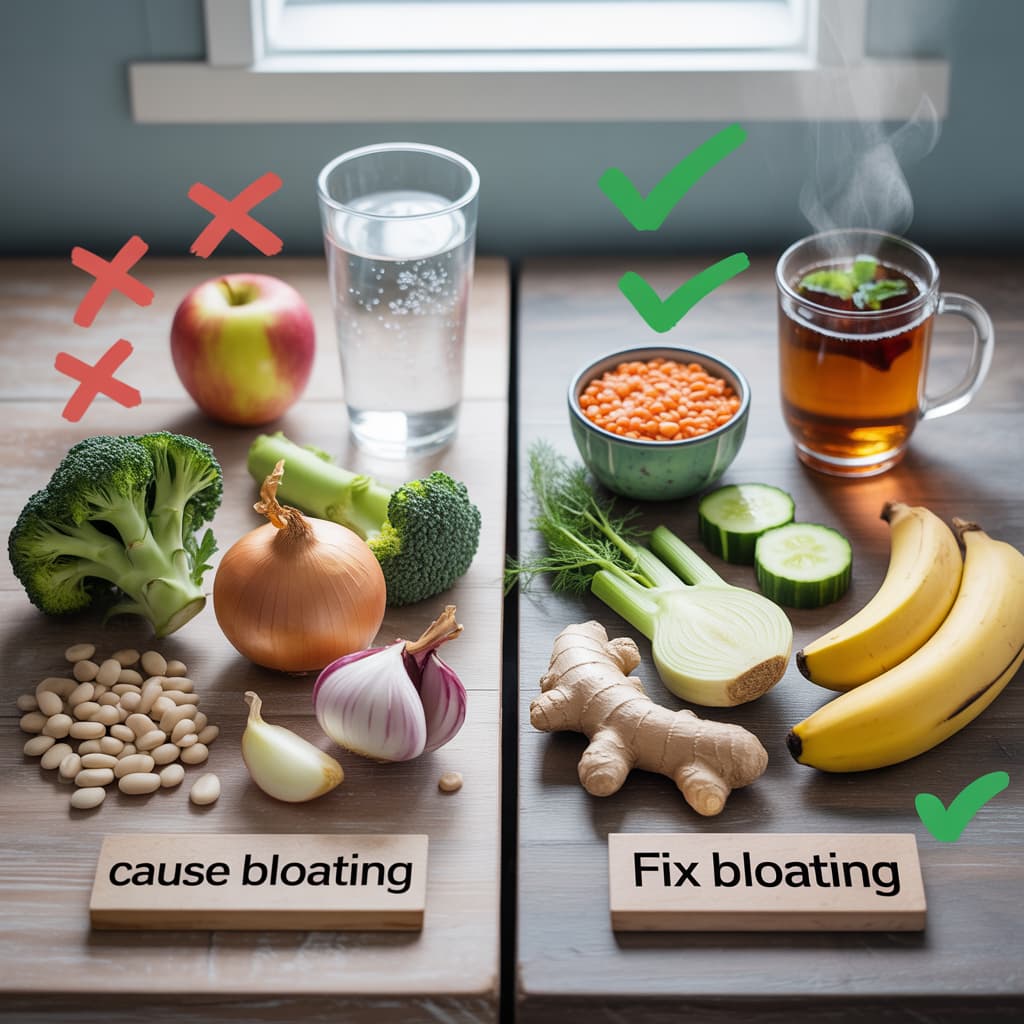 cause-bloating-vs-fix-bloating-vegan-foods Vegan bloating won't go away "Left and right column flat lay with left column showing cause bloating foods raw beans, broccoli, garlic, onion, apple, sparkling water and right column showing fix bloating foods cooked lentils, cucumber, ginger, fennel, banana, peppermint tea for vegan bloating relief."