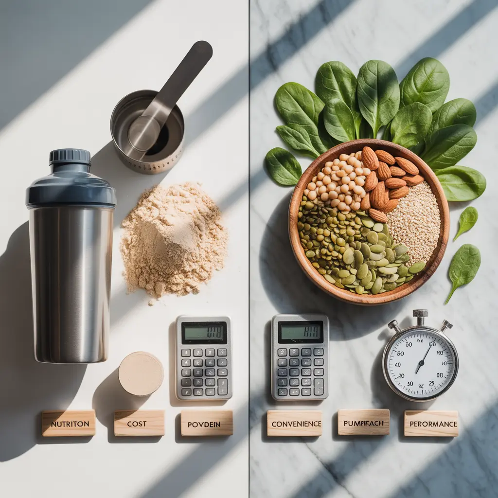 complete-comparison-vegan-protein-powder-vs-whole-food "Split flat lay with shaker bottle and calculator on left, whole foods bowl and calculator on right, and four tags reading nutrition, cost, convenience, performance comparing vegan protein powder vs whole food protein."
