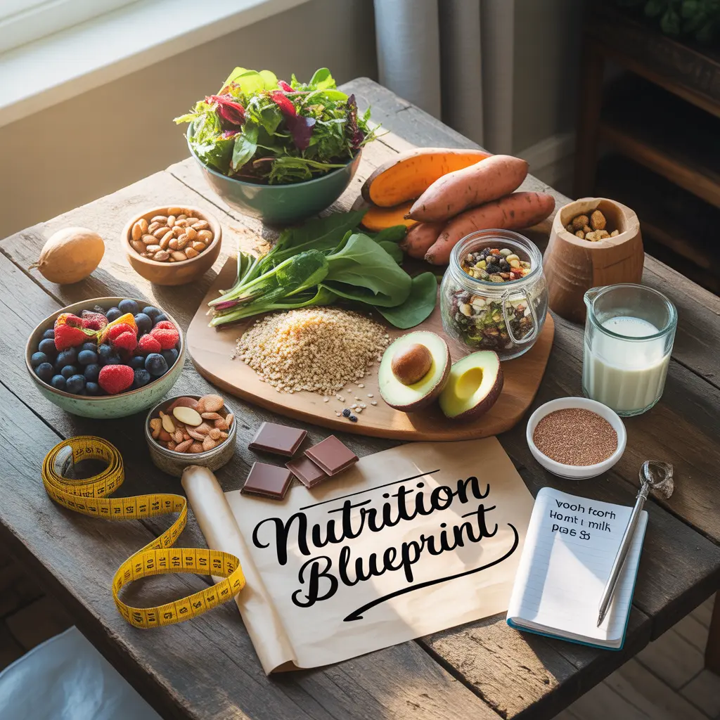 "Comprehensive flat lay of leafy greens, avocado, quinoa, nuts, berries, sweet potato, and fortified plant milk representing the complete nutrition blueprint for a vegan diet for over 50."