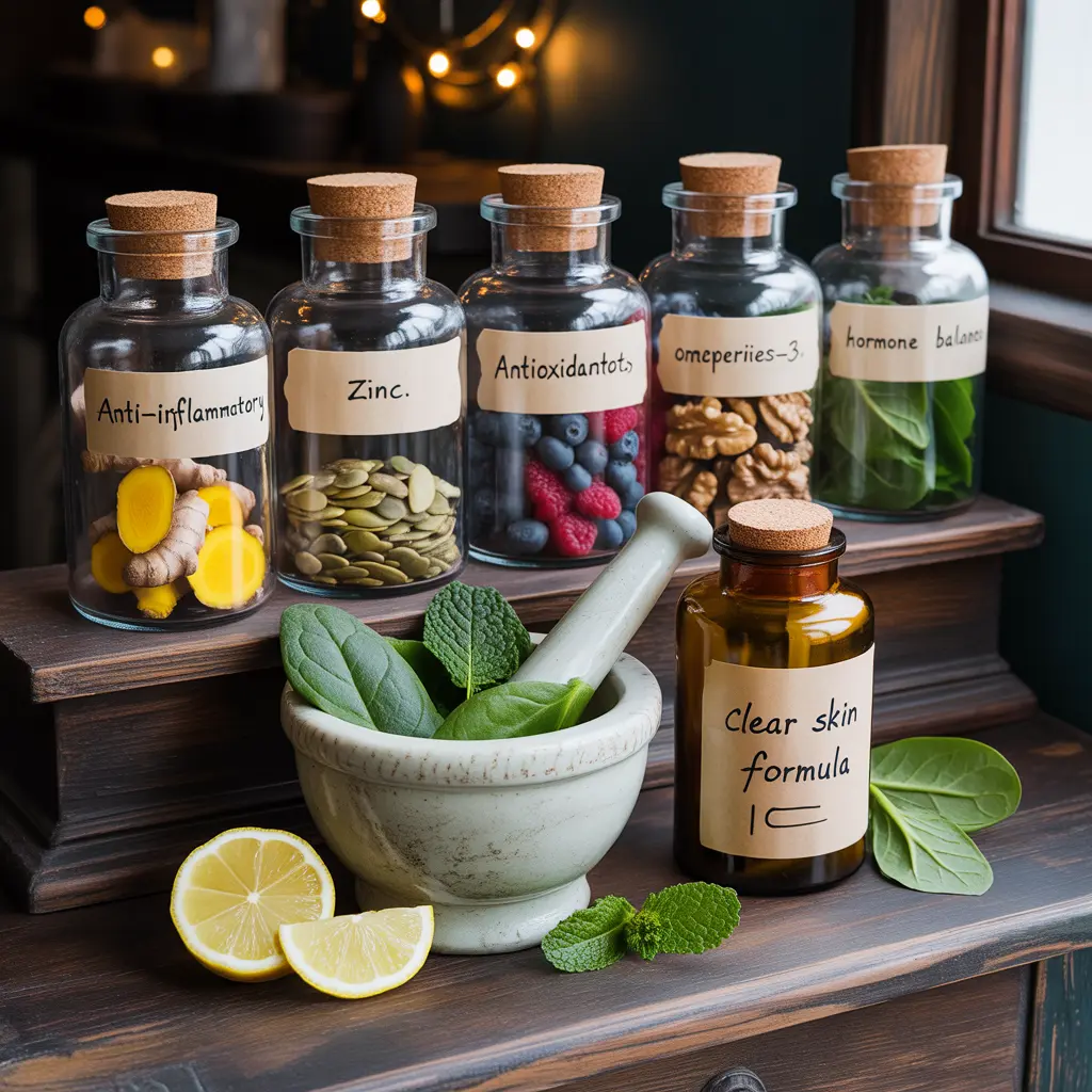 food-pharmacy-vegan-diet-acne-skin-clearing-jars "Vintage apothecary flat lay with glass jars filled with turmeric, pumpkin seeds, berries, walnuts, and spearmint labeled Anti-Inflammatory, Zinc, Antioxidants, Omega-3, and Hormone Balance representing food pharmacy approach to vegan diet acne."