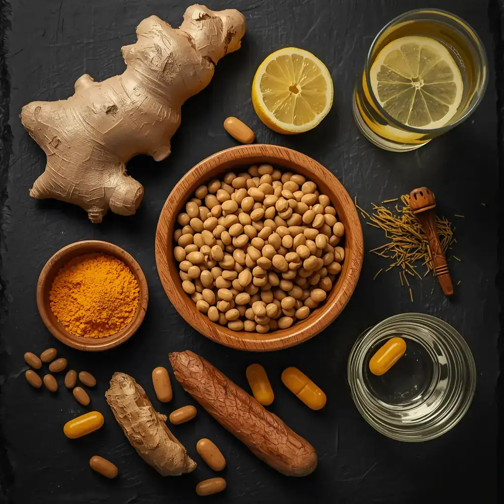 going-vegan-first-month-gut-healing-foods-lentils-ginger-turmeric going vegan first month gut healing ingredients including lentils ginger
turmeric and probiotic supplements on dark slate