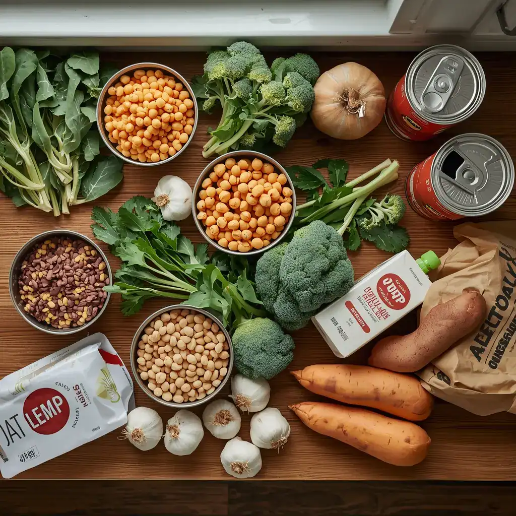 going-vegan-first-month-vegan-grocery-haul-beginners-guide going vegan first month grocery haul with kale broccoli tofu oat milk
chickpeas and lentils on kitchen counter